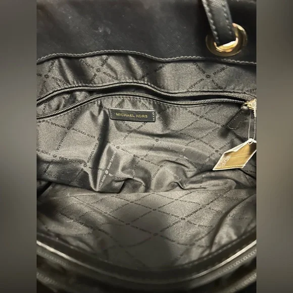 Michael Kors Black Gold Tote Handbag Women’s Purse Leather Walsh Mk Zipper - Picture 13 of 15